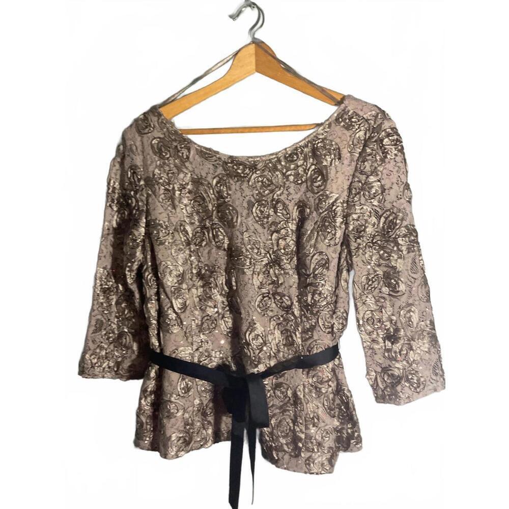 ALex Evening Elegant Floral Satin Ribbon Peplum Top with Black Waist Tie XL